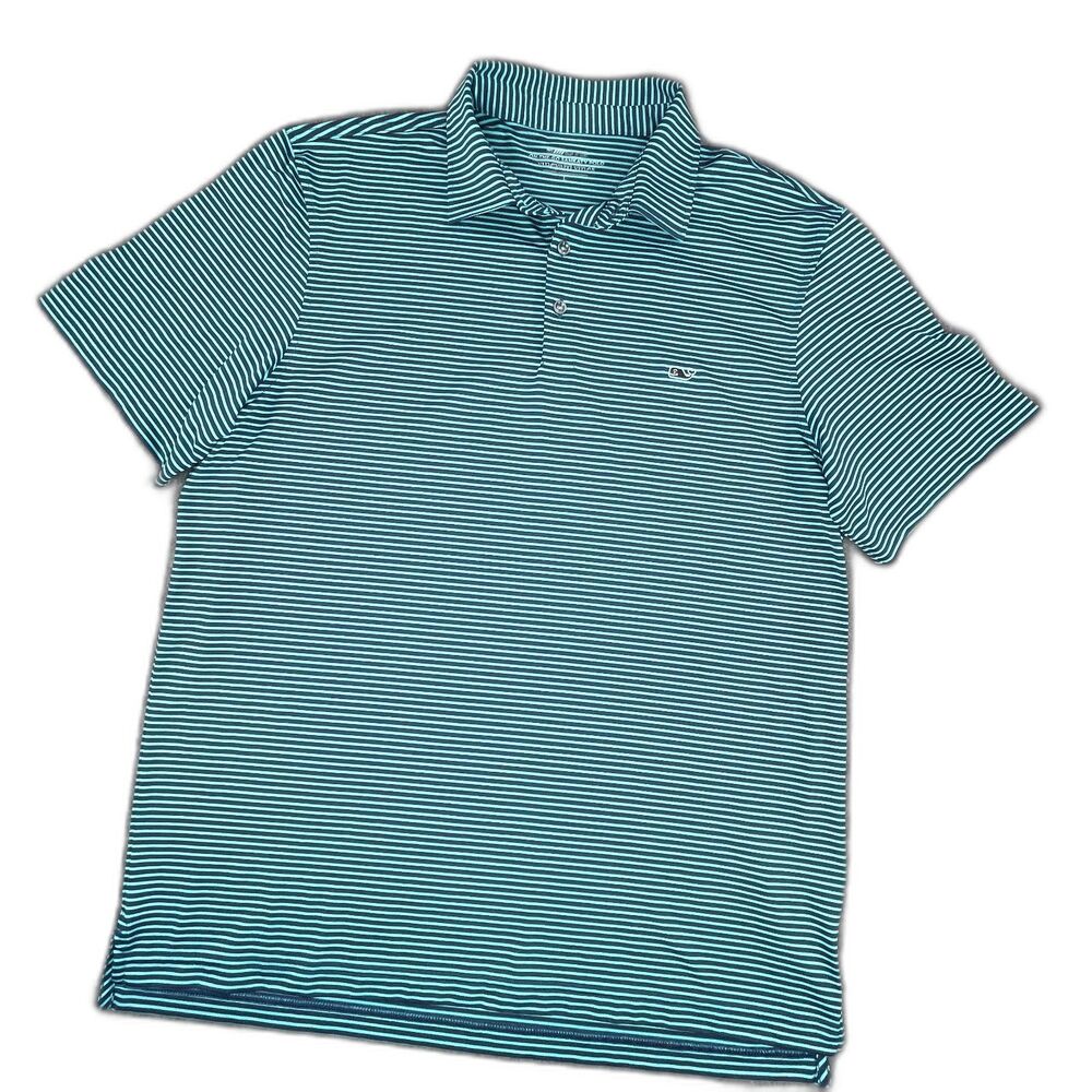 Vineyard Vines Large Golf Polo Sankaty Stripe Navy Teal Performance Stretch